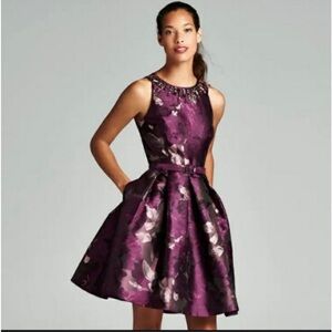 Eliza ji purple jaguar print jeweled neck structure pleated dress 14 cocktail